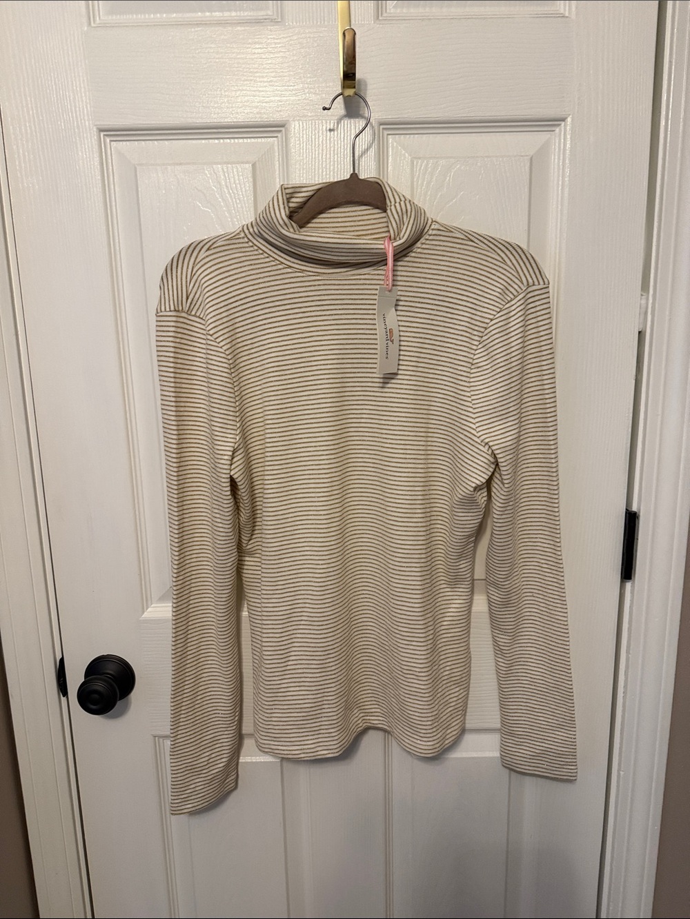 Striped Turtleneck Long Sleeve Top - Cream & Gold Sparkles